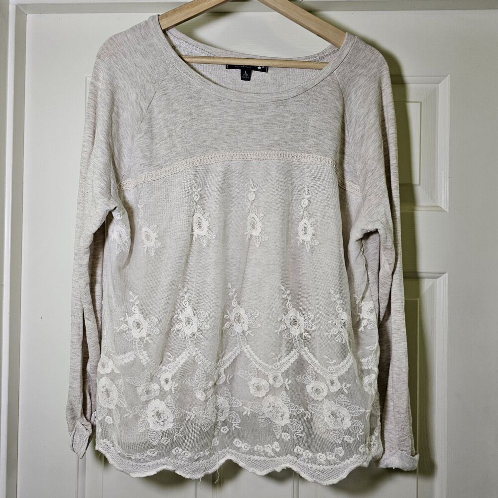 Living Doll Women's L Natural Beige Lace Overlay Top Long Sleeve French Terry